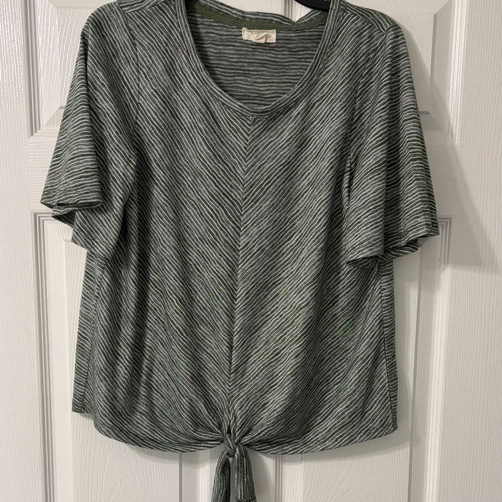 Cupio Olive Green and White Striped Short Sleeve Top